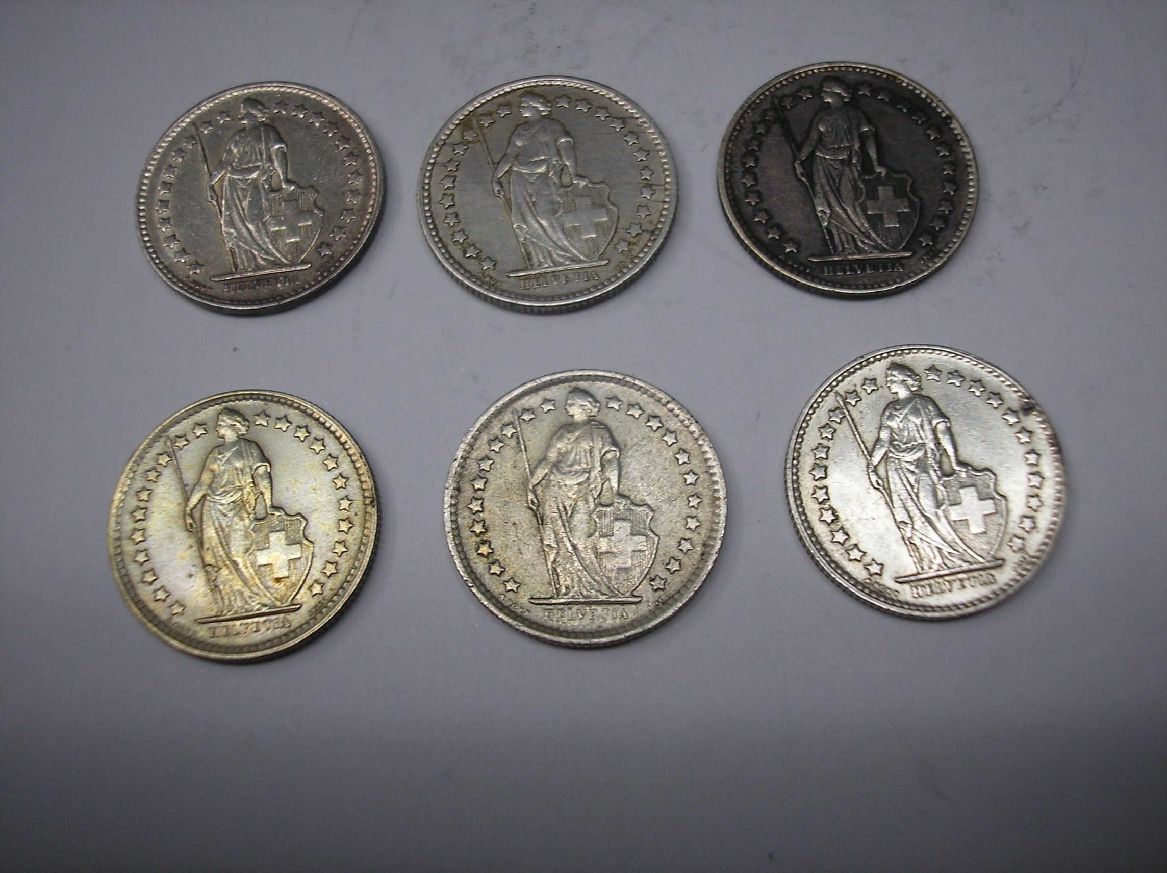 SUIZA 6 MONEDAS DE PLATA DE 1/2 FRANCO DIST FECHAS