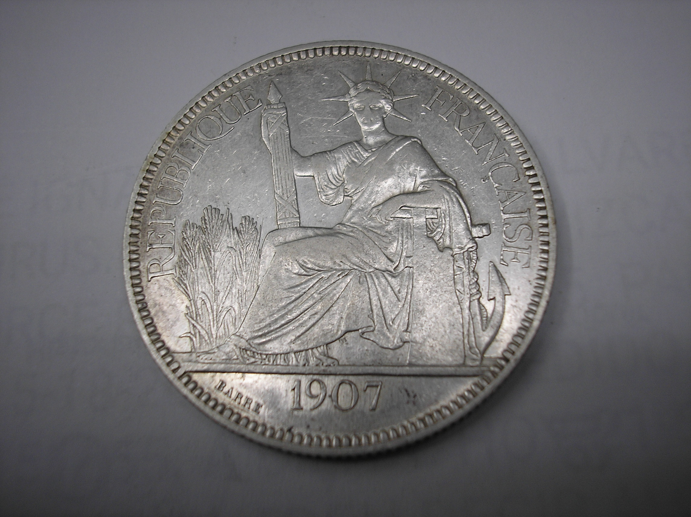 INDOCHINA, 1 PIASTRA DE PLATA DE 1907